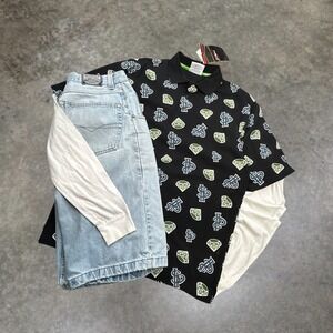 Southpole Mens Polo Shirt Black All Over Print Diamond Dollar Sign Y2K Large NWT